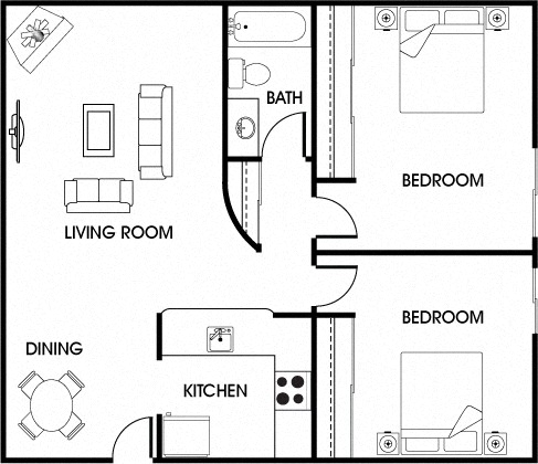 Floor plan for 2 beds, 1 bath, 875 sqft